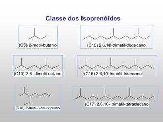 Classe dos Isoprenóides
(C5) 2-metil-butano
(C10) 2,6- dimetil-octano
(C10) 2-metil-3-etil-heptano
(C15) 2,6,10-trimetil-dodecano
(C16) 2,6,10-trimetil-tridecano
(C17) 2,6,10- trimetil-tetradecano
 