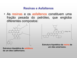 Resinas e Asfaltenos
• As resinas e os asfaltenos constituem uma
fração pesada do petróleo, que engloba
diferentes compostos:
S
N
o
N
O
2
Estrutura hipotética do asfalteno
de um óleo californiano.
(CH2)7
(CH2)6 CH3
4
Estrutura hipotética da resina de
um óleo americano.
 