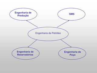 Engenharia de Petróleo
Engenharia de
Reservatórios
SMS
Engenharia de
Produção
Engenharia de
Poço
 
