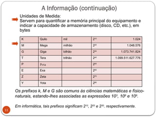 11
Os prefixos k, M e G são comuns às ciências matemáticas e físico-
naturais, estando-lhes associadas as expressões 103
, 106
e 109
.
Em informática, tais prefixos significam 210
, 220
e 230
. respectivamente.
A Informação (continuação)
Unidades de Medida:
Servem para quantificar a memória principal do equipamento e
indicar a capacidade de armazenamento (disco, CD, etc.), em
bytes
K Quilo mil 210
1.024
M Mega milhão 220
1.048.576
G Giga bilhão 230
1.073.741.824
T Tera trilhão 240
1.099.511.627.776
P Peta 250
E Exa 260
Z Zeta 270
Y Yota 280
 