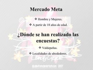 Mercado Meta Hombre y Mujeres. A partir de 18 años de edad. ¿Dónde se han realizado las encuestas? Valdepeñas. Localidades de alrededores. 