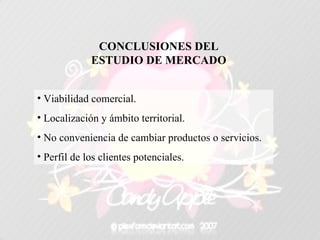 CONCLUSIONES DEL ESTUDIO DE MERCADO Viabilidad comercial. Localización y ámbito territorial. No conveniencia de cambiar productos o servicios. Perfil de los clientes potenciales. 