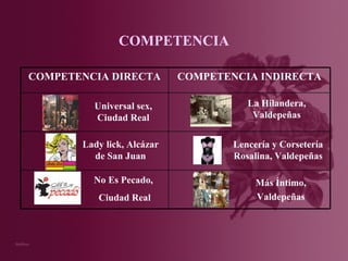 COMPETENCIA No Es Pecado,  Ciudad Real Lady lick, Alcázar de San Juan Universal sex, Ciudad Real La Hilandera, Valdepeñas Lencería y Corsetería Rosalina, Valdepeñas Más Íntimo, Valdepeñas COMPETENCIA INDIRECTA COMPETENCIA DIRECTA 