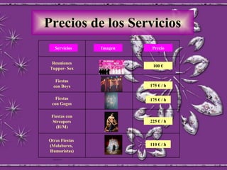 Precios de los Servicios Servicios Imagen Precio 100 € 175 € / h 175 € / h 225 € / h 110 € / h Otras Fiestas  (Malabares,  Humoristas) Fiestas con Streapers (H/M) Fiestas con Gogos Fiestas con Boys Reuniones Tupper- Sex 