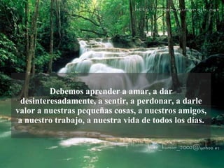 Debemos aprender a amar, a dar   desinteresadamente, a   sentir, a perdonar, a darle valor a nuestras pequeñas   cosas, a nuestros amigos, a nuestro trabajo, a nuestra   vida de todos los días. 