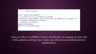 Como p valor es 0,03098 y hemos establecido un margen de error del
0,05, podemos afirmar que existe una diferencia estadísticamente
significativa.
 