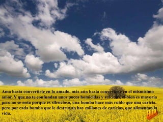 Ama hasta convertirte en lo amado, más aún hasta convertirte en el mismísimo amor. Y que no te confundan unos pocos homicidas y suicidas, el bien es mayoría pero no se nota porque es silencioso, una bomba hace más ruido que una caricia, pero por cada bomba que le destruyan hay millones de caricias, que alimentan la vida.Eliza