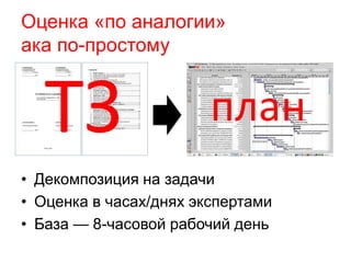 Оценка «по аналогии»
ака по-простому
• Декомпозиция на задачи
• Оценка в часах/днях экспертами
• База — 8-часовой рабочий день
ТЗ план
 