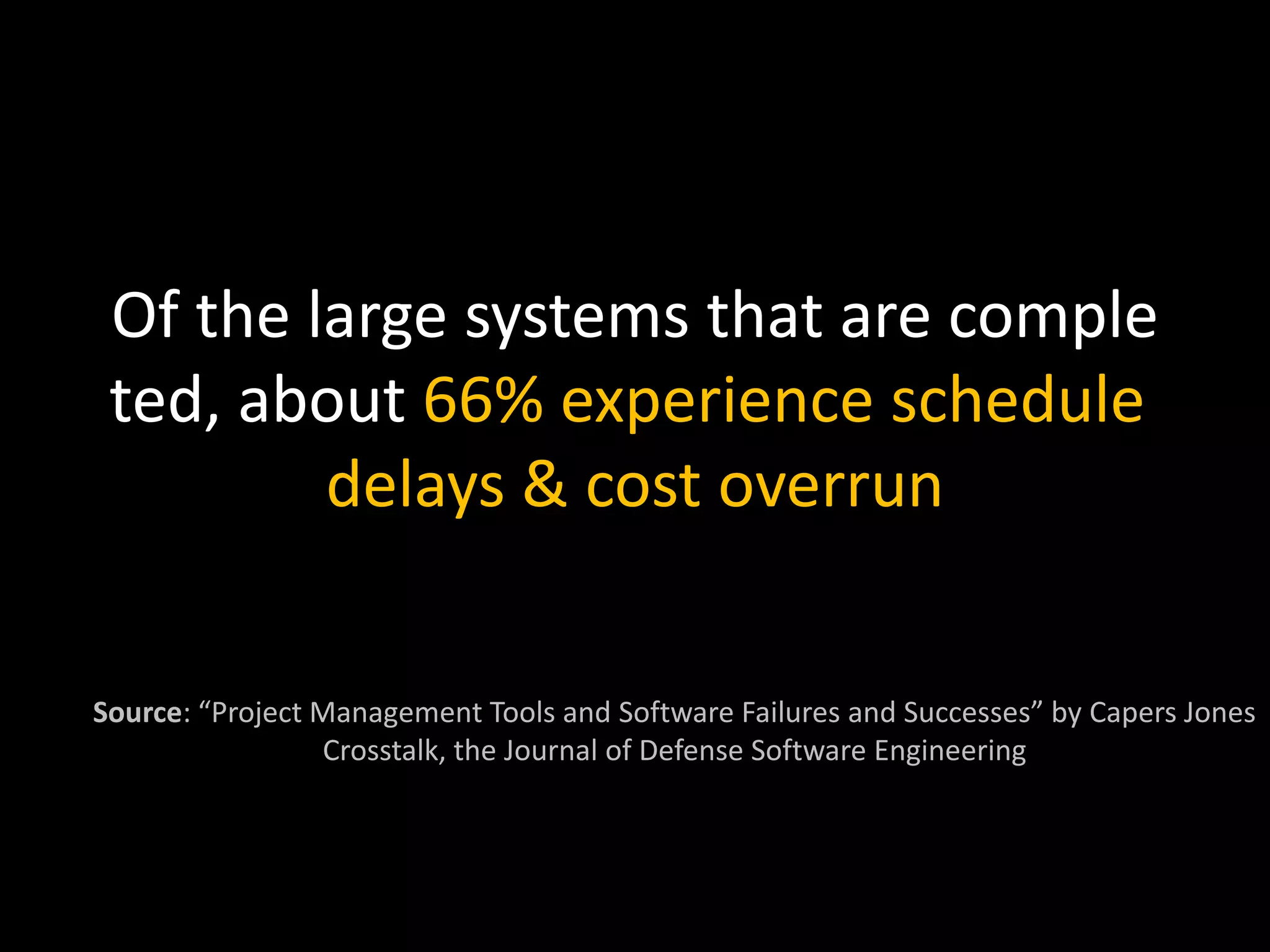Of the large systems that are comple
ted, about 66% experience schedule
delays & cost overrun
Source: “Project Management Tools and Software Failures and Successes” by Capers Jones
Crosstalk, the Journal of Defense Software Engineering
 