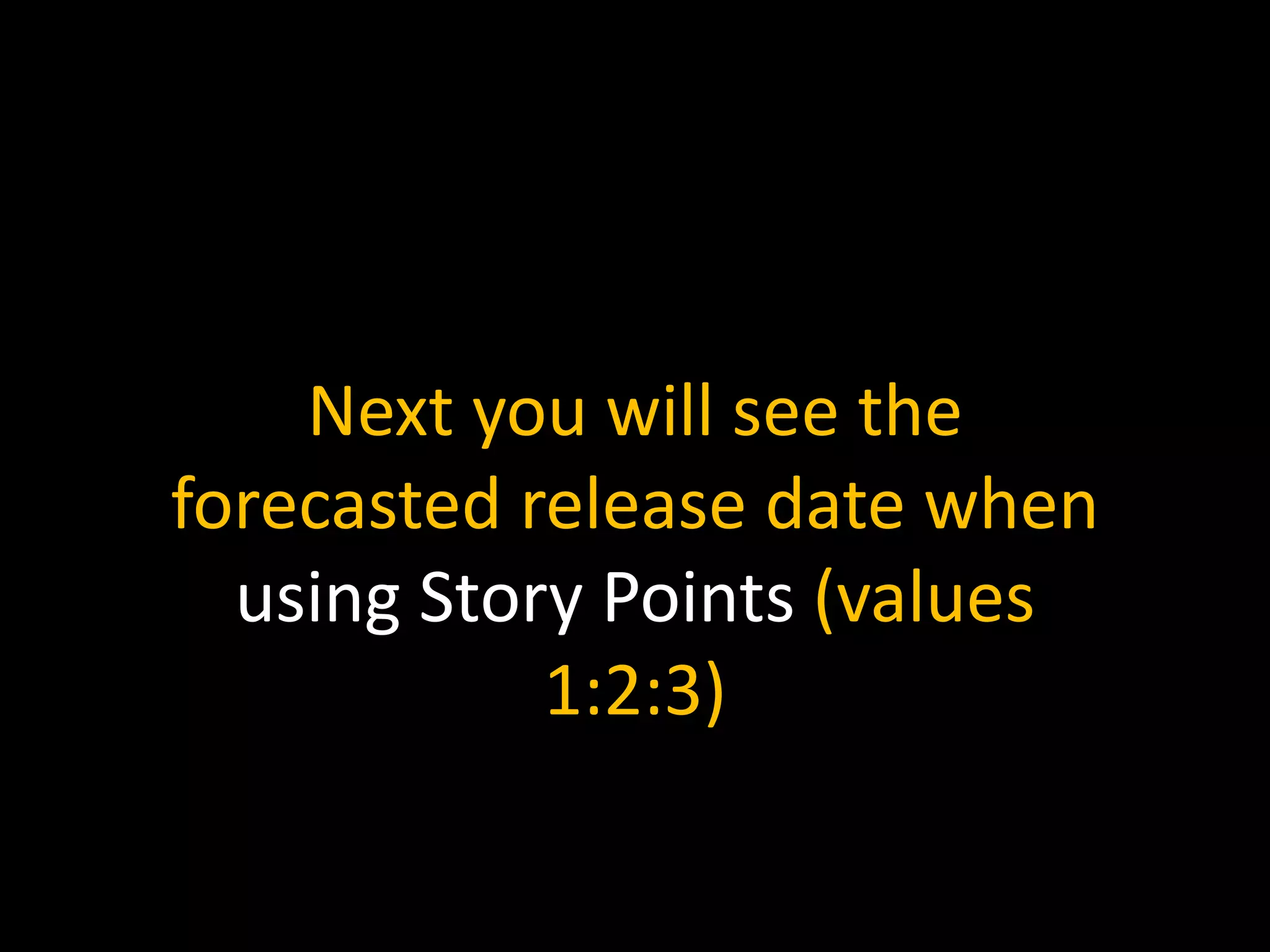 Next you will see the
forecasted release date when
using Story Points (values
1:2:3)
 