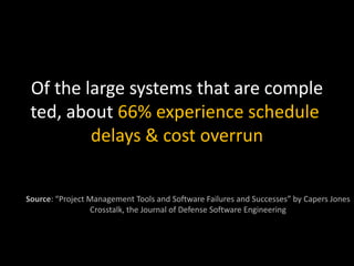 Of the large systems that are comple
ted, about 66% experience schedule
delays & cost overrun
Source: “Project Management Tools and Software Failures and Successes” by Capers Jones
Crosstalk, the Journal of Defense Software Engineering
 