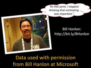 Data used with permission
from Bill Hanlon at Microsoft
”At that point, I stopped
thinking that estimating
was important.”
Bill Hanlon:
http://bit.ly/BHanlon
 
