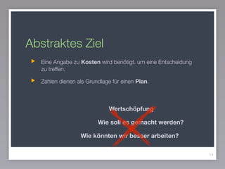 Abstraktes Ziel
Eine Angabe zu Kosten wird benötigt. um eine Entscheidung
zu treffen.
Zahlen dienen als Grundlage für einen Plan.
14
Wertschöpfung
Wie soll es gemacht werden?
Wie könnten wir besser arbeiten?
 