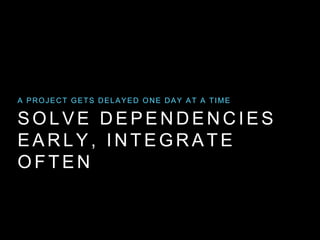 S O L V E D E P E N D E N C I E S
E A R L Y , I N T E G R A T E
O F T E N
A PROJECT GETS DELAYED ONE DAY AT A TIME
 