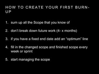 H O W T O C R E A T E Y O U R F I R S T B U R N -
U P
1. sum up all the Scope that you know of
2. don’t break down future work (4- x months)
3. if you have a fixed end date add an “optimum” line
4. fill in the changed scope and finished scope every
week or sprint
5. start managing the scope
 