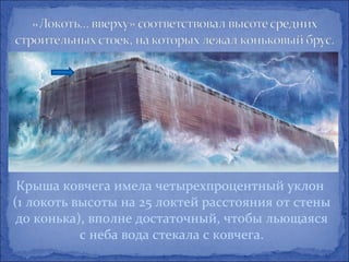 Крыша ковчега имела четырехпроцентный уклон
(1 локоть высоты на 25 локтей расстояния от стены
 до конька), вполне достаточный, чтобы льющаяся
           с неба вода стекала с ковчега.
 