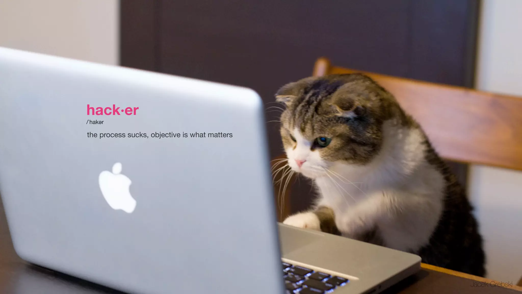 hack·er          
/ˈhakər

the process sucks, objective is what matters




                                               Jacek Grebski
 