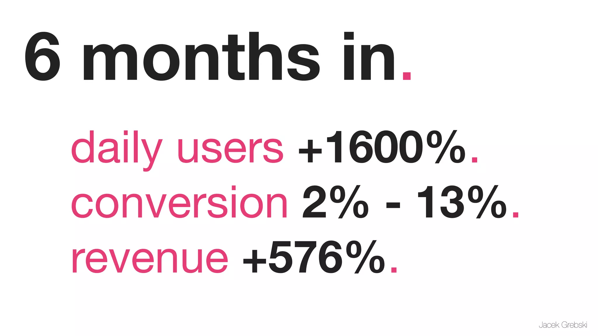 6 months in.
 daily users +1600%.
 conversion 2% - 13%.
 revenue +576%.
                        Jacek Grebski
 