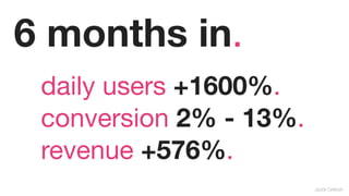 6 months in.
 daily users +1600%.
 conversion 2% - 13%.
 revenue +576%.
                        Jacek Grebski
 