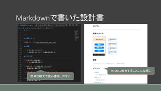 Markdownで書いた設計書
簡単な構文で読み書きしやすい
HTMLに出力することこんな感じ
 