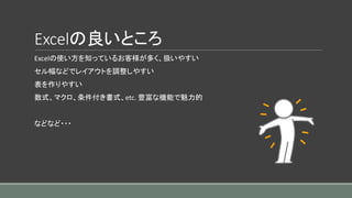 Excelの良いところ
Excelの使い方を知っているお客様が多く、扱いやすい
セル幅などでレイアウトを調整しやすい
表を作りやすい
数式、マクロ、条件付き書式、etc. 豊富な機能で魅力的
などなど・・・
 