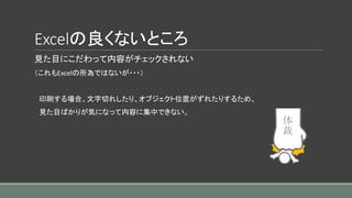 Excelの良くないところ
見た目にこだわって内容がチェックされない
（これもExcelの所為ではないが・・・）
印刷する場合、文字切れしたり、オブジェクト位置がずれたりするため、
見た目ばかりが気になって内容に集中できない。
体
裁
 
