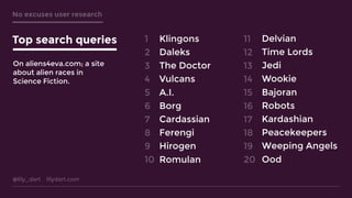 @lily_dart lilydart.com
No excuses user research
Top search queries Klingons
Daleks
The Doctor
Vulcans
A.I.
Borg
Cardassian
Ferengi
Hirogen
Romulan
Delvian
Time Lords
Jedi
Wookie
Bajoran
Robots
Kardashian
Peacekeepers
Weeping Angels
Ood
1
2
3
4
5
6
7
8
9
10
11
12
13
14
15
16
17
18
19
20
On aliens4eva.com; a site
about alien races in
Science Fiction.
 