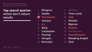 @lily_dart lilydart.com
No excuses user research
Klingons
Daleks
The Doctor
Vulcans
A.I.
Borg
Cardassian
Ferengi
Hirogen
Romulan
Delvian
Time Lords
Jedi
Wookie
Bajoran
Robots
Kardashian
Peacekeepers
Weeping Angels
Ood
1
2
3
4
5
6
7
8
9
10
11
12
13
14
15
16
17
18
19
20
Top search queries
which don’t return
results
 