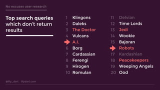 @lily_dart lilydart.com
No excuses user research
Klingons
Daleks
The Doctor
Vulcans
A.I.
Borg
Cardassian
Ferengi
Hirogen
Romulan
Delvian
Time Lords
Jedi
Wookie
Bajoran
Robots
Kardashian
Peacekeepers
Weeping Angels
Ood
1
2
3
4
5
6
7
8
9
10
11
12
13
14
15
16
17
18
19
20
Top search queries
which don’t return
results
 