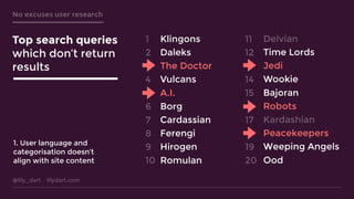 @lily_dart lilydart.com
No excuses user research
Klingons
Daleks
The Doctor
Vulcans
A.I.
Borg
Cardassian
Ferengi
Hirogen
Romulan
Delvian
Time Lords
Jedi
Wookie
Bajoran
Robots
Kardashian
Peacekeepers
Weeping Angels
Ood
1
2
3
4
5
6
7
8
9
10
11
12
13
14
15
16
17
18
19
20
Top search queries
which don’t return
results
1. User language and
categorisation doesn’t
align with site content
 