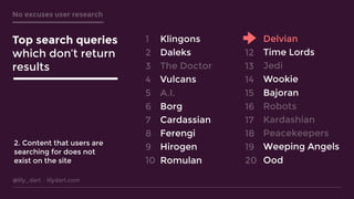 @lily_dart lilydart.com
No excuses user research
Klingons
Daleks
The Doctor
Vulcans
A.I.
Borg
Cardassian
Ferengi
Hirogen
Romulan
Delvian
Time Lords
Jedi
Wookie
Bajoran
Robots
Kardashian
Peacekeepers
Weeping Angels
Ood
1
2
3
4
5
6
7
8
9
10
11
12
13
14
15
16
17
18
19
20
Top search queries
which don’t return
results
2. Content that users are
searching for does not
exist on the site
 