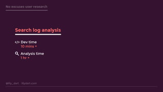 @lily_dart lilydart.com
No excuses user research
Search log analysis
Dev time
10 mins +
Analysis time
1 hr +
 