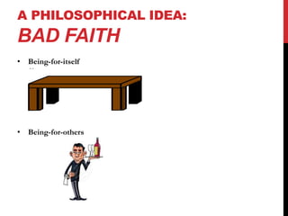 A PHILOSOPHICAL IDEA: 
BAD FAITH 
• Being-for-itself 
ff 
• Being-for-others 
 