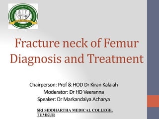 Fracture neck of Femur
Diagnosis and Treatment
Chairperson: Prof & HOD Dr Kiran Kalaiah
Moderator: Dr HD Veeranna
Speaker: Dr Markandaiya Acharya
SRI SIDDHARTHA MEDICAL COLLEGE,
TUMKUR
 