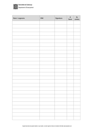 Generalitat de Catalunya
Departament d’Ensenyament
Aquest document pot quedar obsolet un cop imprès. La versió vigent es troba en el sistema informàtic www.iesaubenc.cat
Nom i cognoms DNI Signatura
A
favor
En
contra
 