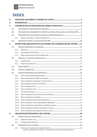 Generalitat de Catalunya
Departament d’Ensenyament
Aquest document pot quedar obsolet un cop imprès. La versió vigent es troba en el sistema informàtic www.iesaubenc.cat
ÍNDEX
GESTIÓ DEL DOCUMENT I CONTROL DE CANVIS..................................................................5
INTRODUCCIÓ...................................................................................................................................6
CONCRECIÓ DE LES PREVISIONS DEL PROJECTE EDUCATIU............................................7
2.1. PER ORIENTAR L’ORGANITZACIÓ PEDAGÒGICA ......................................................................................7
2.2. PER ORIENTAR EL RENDIMENT DE COMPTES AL CONSELL ESCOLAR DE LA GESTIÓ DEL PEC .......7
2.3. PER ORIENTAR L’APLICACIÓ DELS ACORDS DE CORRESPONSABILITAT ..............................................8
2.3.1. Objectius, indicadors i sistema de ponderació............................................................................................................ 9
2.4. APROVACIÓ, REVISIÓ I ACTUALITZACIÓ DEL PEC...............................................................................10
ESTRUCTURA ORGANITZATIVA DE GOVERN I DE COORDINACIÓ DEL CENTRE.....11
3.1. ÒRGANS UNIPERSONALS DE DIRECCIÓ..................................................................................................11
3.1.1. Director/a....................................................................................................................................................................................11
3.1.2. Cap d’estudis. Secretari/ària..............................................................................................................................................16
3.1.3. Òrgans unipersonals de direcció addicionals.............................................................................................................17
3.2. ÒRGANS COL·LEGIATS DE PARTICIPACIÓ..............................................................................................19
3.2.1. Consell Escolar..........................................................................................................................................................................19
3.2.2. Claustre del professorat .......................................................................................................................................................31
3.3. EQUIP DIRECTIU .......................................................................................................................................32
3.4. CONSELL DE DIRECCIÓ ............................................................................................................................33
3.5. ÒRGANS UNIPERSONALS DE COORDINACIÓ..........................................................................................33
3.5.1. Els/les caps de departament/seminari.........................................................................................................................33
3.5.2. El/la coordinador/a de d’ESO, si es nomenat............................................................................................................34
3.5.3. El/la coordinador/a d’activitats i serveis escolars..................................................................................................34
3.5.4. El/la mediador/a escolar, si es nomenat......................................................................................................................35
3.5.5. El/la coordinador TAC...........................................................................................................................................................35
3.5.6. El/la coordinador/a LIC .......................................................................................................................................................36
3.5.7. Les tutories tècniques............................................................................................................................................................36
3.5.8. El/la coordinador/a de prevenció de riscos laborals.............................................................................................36
3.5.9. El/la coordinador/a de qualitat........................................................................................................................................37
3.5.10. El/la coordinador/a de formació professional..........................................................................................................37
3.5.11. El/la coordinador/a amb responsabilitats addicionals........................................................................................37
3.5.12. El/la coordinador/a responsable de la biblioteca escolar...................................................................................38
3.5.13. El/la coordinador/a del pla català d’esport a l’escola ...........................................................................................38
3.5.14. El/la coordinador/a del programa de salut i escola...............................................................................................39
ORGANITZACIÓ PEDAGÒGICA DEL CENTRE........................................................................40
4.1. ORGANITZACIÓ DEL PROFESSORAT .......................................................................................................40
4.1.1. Equips docents/de cicle........................................................................................................................................................40
4.1.2. Els departaments didàctics.................................................................................................................................................42
4.2. ORGANITZACIÓ DE L’ALUMNAT..............................................................................................................43
4.2.1. Criteris per a l’organització de grups d’alumnes......................................................................................................43
 