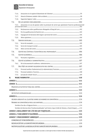 Generalitat de Catalunya
Departament d’Ensenyament
Aquest document pot quedar obsolet un cop imprès. La versió vigent es troba en el sistema informàtic www.iesaubenc.cat
7.1.6. Actuacions en el supòsit d’absentisme de l’alumnat ..............................................................................................95
7.1.7. Atenció d’alumnes malalts i dels accidents.................................................................................................................98
7.1.8. Seguretat, higiene i salut ......................................................................................................................................................99
7.2. DE LES QUEIXES I RECLAMACIONS ...................................................................................................... 102
7.2.1. Actuacions en cas de queixes sobre la prestació de servei que qüestionin l’exercici professional del
personal del centre..................................................................................................................................................................................102
7.2.2. Reclamacions sobre qualificacions obtingudes al llarg del curs....................................................................102
7.2.3. Per les qualificacions de final de curs.........................................................................................................................103
7.2.4. Impugnació de decisions dels òrgans i personal del centre.............................................................................104
7.2.5. Altres qüestions.....................................................................................................................................................................104
7.3. SERVEIS ESCOLARS................................................................................................................................ 105
7.3.1. Servei de menjador..............................................................................................................................................................105
7.3.2. Servei de transport escolar..............................................................................................................................................105
7.3.3. Altres serveis del centre....................................................................................................................................................105
7.4. GESTIÓ DEL CONTROL D’ASSISTÈNCIA DEL PROFESSORAT............................................................. 106
7.5. GESTIÓ ECONÒMICA.............................................................................................................................. 106
7.5.1. Normativa reguladora........................................................................................................................................................107
7.6. GESTIÓ ACADÈMICA I ADMINISTRATIVA ............................................................................................ 107
7.6.1. De la documentació acadèmica -administrativa....................................................................................................107
7.7. DEL PAS I DE SUPORT SOCIOEDUCATIU DEL CENTRE...................................................................... 107
7.7.1. Personal auxiliar d’administració (o administratiu). Funcions......................................................................107
7.7.2. Personal subaltern. Funcions..........................................................................................................................................108
7.7.3. Jornada de treball i horari.................................................................................................................................................109
MARC NORMATIU ...................................................................................................................... 110
ANNEX 1....................................................................................................................................................... 111
ANNEX 2...................................................................................................................................................... 111
PROPOSTA D’ACTIVITAT FORA DEL CENTRE........................................................................................................ 111
ANNEX 3....................................................................................................................................................... 113
ACTIVITATS EXTRAESCOLARS ................................................................................................................................ 113
ANNEX 4....................................................................................................................................................... 114
ACORDS APROVATS AL CLAUSTRE SOBRE LES NORMES DE CONVIVÈNCIA ...................................................... 114
NORMES DE CONVIVÈNCIA PER A LES SORTIDES................................................................................................. 114
Sortides d’un dia o d’algunes hores:................................................................................................................................................114
Sortides de diversos dies (“institucionalitzades” pel Centre, tipus Crèdit de Síntesis, o final d’etapa):........114
ANNEX 5. REGLAMENT DE L’ÚS DE LES TAQUILLES..................................................................... 115
ANNEX 6. TANCAMENT D’ALUMNES.................................................................................................. 116
ANNEX 7. PROCEDIMENT ABREUJAT................................................................................................ 119
COMUNICAT D’INCIDÈNCIES......................................................................................................................... 119
RESOLUCIÓ DE LA SANCIÓ DISCIPLINÀRIA............................................................................................. 119
NOTIFICACIÓ DE LA RESOLUCIÓ DE SANCIÓ DISCIPLINÀRIA......................................................... 120
 