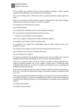 Generalitat de Catalunya
Departament d’Ensenyament
Aquest document pot quedar obsolet un cop imprès. La versió vigent es troba en el sistema informàtic www.iesaubenc.cat
En les matèries que permetin diverses opcions (llengua estrangera, religió, matèries
optatives) s’ha d’identificar quina opció ha cursat l’alumne/a.
En cas que s’utilitzin codis o abreviatures, han de quedar explicitats en algun apartat de
l’acta.
Atenc. div.: en aquesta casella s’ha de fer constar si l’alumne/a ha estat objecte d’alguna
adaptació del currículum. Cal aplicar la codificació següent:
PD: programes de diversificació curricular.
PI: pla individualitzat.
EE: escolarització compartida amb un centre d’educació especial.
EC: escolarització compartida amb altres tipus de centres.
–: l’alumne no ha estat objecte de cap adaptació.
Accés al curs següent: cal expressar-ho amb la codificació següent:
SI: accedeix al curs següent en haver superat el curs.
SL: accedeix al curs següent per impossibilitat legal de repetir (aquesta opció no és
possible a 4t curs).
SD: accedeix al curs següent d’acord amb el pla individualitzat aplicat, tot i no
haver superat el curs actual, per continuar amb el pla.
NO: no accedeix al curs següent.
PE: pendent d’avaluació extraordinària (aquesta opció sols és possible en les actes de
qualificació final d’avaluació ordinària i en el cas de tenir matèries pendents).
Prop. div.: en aquesta casella s’ha de fer constar la proposta d’atenció específica que
l’equip d’avaluació formula per al curs següent, d’acord amb la codificació abans
esmentada (PD, PI, EE, EC, –) o PQ si es proposa que l’alumne/a cursi un programa de
qualificació professional inicial.
En les actes de qualificacions finals, tant de l’avaluació ordinària com de la extraordinària,
de 4t curs, a la casella de superació de l’etapa, s’ha d’indicar aquesta circumstància amb
“sí” o “no”.
En les actes de qualificacions finals de setembre, en el cas que es faci constar la relació de
tot l’alumnat del grup, al costat de cada qualificació s’indicarà si aquesta s’ha atorgat en
l’avaluació final ordinària del juny o en l’extraordinària de setembre, amb la codificació
següent:
A): avaluat anteriorment;
E): avaluació extraordinària.
 