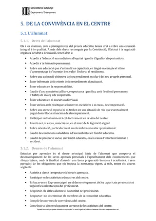 Generalitat de Catalunya
Departament d’Ensenyament
Aquest document pot quedar obsolet un cop imprès. La versió vigent es troba en el sistema informàtic www.iesaubenc.cat
DE LA CONVIVÈNCIA EN EL CENTRE
5.1. L’alumnat
5.1.1. Drets de l’alumnat
Els i les alumnes, com a protagonistes del procés educatiu, tenen dret a rebre una educació
integral i de qualitat. A més dels drets reconeguts per la Constitució, l’Estatut i la regulació
orgànica del dret a l’educació, tenen dret a:
 Accedir a l’educació en condicions d’equitat i gaudir d’igualtat d’oportunitats.
 Accedir a la formació permanent.
 Rebre una educació que n’estimuli les capacitats, en tingui en compte el ritme
d’aprenentatge i n’incentivi i en valori l’esforç i el rendiment.
 Rebre una valoració objectiva del seu rendiment escolar i del seu progrés personal.
 Ésser informats dels criteris i els procediments d’avaluació.
 Ésser educats en la responsabilitat.
 Gaudir d’una convivència lliure, respectuosa i pacífica, amb l’estímul permanent
d’hàbits de diàleg i de cooperació.
 Ésser educats en el discurs audiovisual.
 Ésser atesos amb pràctiques educatives inclusives i, si escau, de compensació.
 Rebre una atenció especial si es troben en una situació de risc que eventualment
pugui donar lloc a situacions de desemparament.
 Participar individualment i col·lectivament en la vida del centre.
 Reunir-se i, si escau, associar-se, en el marc de la legislació vigent.
 Rebre orientació, particularment en els àmbits educatiu i professional.
 Gaudir de condicions saludables i d’accessibilitat en l’àmbit educatiu.
 Gaudir de protecció social, en l’àmbit educatiu, en els casos d’infortuni familiar o
accident.
5.1.2. Deures de l’alumnat
Estudiar per aprendre és el deure principal bàsic de l’alumnat que comporta el
desenvolupament de les seves aptituds personals i l’aprofitament dels coneixements que
s’imparteixen, amb la finalitat d’assolir una bona preparació humana i acadèmica, i sens
perjudici de les obligacions que els imposa la normativa vigent. A més, tenen els deures
següents:
 Assistir a classe i respectar els horaris aprovats.
 Participar en les activitats educatives del centre.
 Esforçar-se en l’aprenentatge i en el desenvolupament de les capacitats personals tot
seguint les orientacions del professorat.
 Respectar els altres alumnes i l’autoritat del professorat.
 Respectar i no discriminar els membres de la comunitat educativa.
 Complir les normes de convivència del centre.
 Contribuir al desenvolupament correcte de les activitats del centre.
 