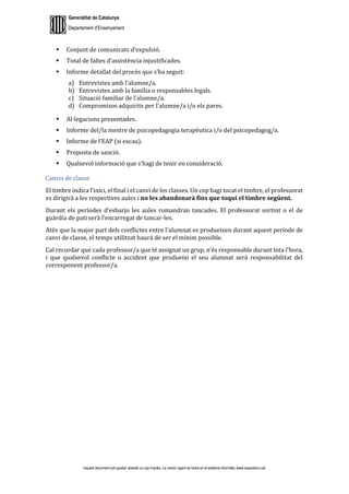 Generalitat de Catalunya
Departament d’Ensenyament
Aquest document pot quedar obsolet un cop imprès. La versió vigent es troba en el sistema informàtic www.iesaubenc.cat
 Conjunt de comunicats d’expulsió.
 Total de faltes d’assistència injustificades.
 Informe detallat del procés que s’ha seguit:
a) Entrevistes amb l’alumne/a.
b) Entrevistes amb la família o responsables legals.
c) Situació familiar de l’alumne/a.
d) Compromisos adquirits per l’alumne/a i/o els pares.
 Al·legacions presentades.
 Informe del/la mestre de psicopedagogia terapèutica i/o del psicopedagog/a.
 Informe de l’EAP (si escau).
 Proposta de sanció.
 Qualsevol informació que s’hagi de tenir en consideració.
Canvis de classe
El timbre indica l’inici, el final i el canvi de les classes. Un cop hagi tocat el timbre, el professorat
es dirigirà a les respectives aules i no les abandonarà fins que toqui el timbre següent.
Durant els períodes d’esbarjo les aules romandran tancades. El professorat sortint o el de
guàrdia de pati serà l’encarregat de tancar-les.
Atès que la major part dels conflictes entre l’alumnat es produeixen durant aquest període de
canvi de classe, el temps utilitzat haurà de ser el mínim possible.
Cal recordar que cada professor/a que té assignat un grup, n’és responsable durant tota l’hora,
i que qualsevol conflicte o accident que produeixi el seu alumnat serà responsabilitat del
corresponent professor/a.
 