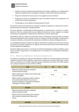 Generalitat de Catalunya
Departament d’Ensenyament
Aquest document pot quedar obsolet un cop imprès. La versió vigent es troba en el sistema informàtic www.iesaubenc.cat
 Analitzar el grau d’assoliment dels objectius de resultats establerts i el compliment de
l’aplicació i qualitat de les estratègies i activitats a través dels indicadors previstos.
 Proposar la dotació de recursos per al curs següent o la seva retenció.
 Proposar els canvis i les modificacions que es considerin adients en els objectius i els
acords entre les parts signatàries.
 L’arbitratge en cas de dubtes d’interpretació de l’acord.
En l’exercici de les seves funcions, la comissió escoltarà la inspecció i la direcció del centre, i
podrà demanar informacions complementàries.
El centre educatiu i el Departament d’Ensenyament es comprometen a concretar i acordar,
abans de l’inici de cadascun dels cursos, l’aplicació del pla per al curs següent, els marges
d’autonomia o singularitats i l’aplicació de la dotació de recursos addicionals.
En finalitzar cada curs escolar, el centre farà constar a la Memòria Anual de Centre l’avaluació
del desenvolupament i dels resultats assolits en l’aplicació del pla estratègic i n’informarà la
comunitat educativa, d’acord amb els mecanismes establerts en el pla estratègic del centre.
L’ incompliment d’aquest requisit o la falta de veracitat de les dades seran causa de rescissió
de l’acord. En el darrer trimestre de la vigència de l’acord la direcció del centre elaborarà una
memòria global d’acompliment.
Durant la vigència de l’acord, i a través de la Comissió de Seguiment, podran modificar-se per
mutu acord els compromisos. Les modificacions es recolliran en la corresponent addenda a
aquest acord.
2.3.1. Objectius, indicadors i sistema de ponderació.
Les millores acordades per al primer dels objectius, millorar els resultats educatius, han estat
establertes amb els criteris següents i sempre que es disposi de marge de millora ( els centres
amb uns indicadors de resultats educatius situats, inicialment, per sobre d’un 90%, tindran
com a objectiu mantenir-se entre el 90 i el 100%).
ESO 1r 2n 3r 4rt
Objectiu resultats educatius (mitjana)
Sistema Educatiu Català
90 %
Millor mitjana dels 3 últims cursos observada
als centres públics
93 % 94 %
Millora mínima acumulada, sobre la mitjana
dels resultats dels últims tres cursos, en
resultats acadèmics i competències bàsiques.
Tipologia de l’Institut: AB/CD
CICLES 2008 - 2012
Objectiu resultats educatius (mitjana)
Sistema Educatiu Català
>85%
Millora mínima acumulada sobre la mitjana
dels resultats acadèmics dels últims tres
cursos
CENTRE 2008 - 2012
 