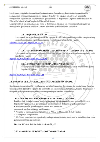 CEIP PÉREZ DE VALERO                            NOF


Los órganos colegiados de coordinación docente están formados por la comisión de coordinación
pedagógica y orientación educativa, los equipos de ciclo y los equipos educativos, y tendrán la
composición, organización y competencias que determina el Reglamento Orgánico de las Escuelas de
Educación Infantil y los Colegios de Educación Primaria.
La concreción de sus actividades, así como la distribución básica de sus reuniones se hará según las
instrucciones que dicte la Dirección General de Centros e Infraestructura Educativa.


              3.4.1.- EQUIPOS DE CICLO.
       La composición y funcionamiento de los equipos de ciclo así como la designación, competencias y
       cese del coordinador o coordinadora están regulados por la legislación vigente.
Decreto 81/2010, de 8 de julio, art. 33,34


              3.4.2.-EQUIPOS DIDÁCTICOS O EQUIPOS EDUCATIVOS (NIVEL Y GRUPO)
      La composición, funciones y actuaciones de los Equipos Educativos se encuentran reguladas en la
      legislación vigente.
Decreto 81/2010, de 8 de julio, art. 35, 36,37

              3.4.3.- COMISIÓN DE COORDINACIÓN PEDAGÓGICA.
              Su composición y funcionamiento así como sus competencias vienen determinados por la
              legislación vigente.

Decreto 81/2010, de 8 de julio, art. 24,25


3.5. ORGANOS DE PARTCICIPACION Y COLABORACION SOCIAL.

Son órganos de participación y colaboración social en los centros docentes no universitarios de Canarias
las asociaciones de madres y padres del alumnado, las asociaciones del alumnado, la junta de delegados y
delegadas y cualquier otra que pudiera crearse para lograr los fines establecidos.


      3.5.1 ASOCIACIONES DE MADRES Y PADRES DEL ALUMNADO.
     Podrán existir Asociaciones de madres y padres de alumnos/as conforme a lo establecido en la
     legislación vigente, por la que se regulan las Asociaciones de Padres y las Federaciones y
     Confederaciones de asociaciones de Padres de Alumnos/as.
     Algunas de sus funciones son las siguientes:
     * Presentar al Centro, para su inclusión en la P.G.A. su Plan Anual de Actividades.
     * Velar por su cumplimiento.
     * El Centro garantizará un espacio adecuado para sus reuniones, tanto para la Junta Directiva como
     para sus asambleas de socios/as.

     Decreto 81/2010, de 8 de Julio. Artículo 50 y 52


     3.5.2 ASAMBLEAS DE DELEGADOS Y/O DELEGADAS.


                                                   10
 