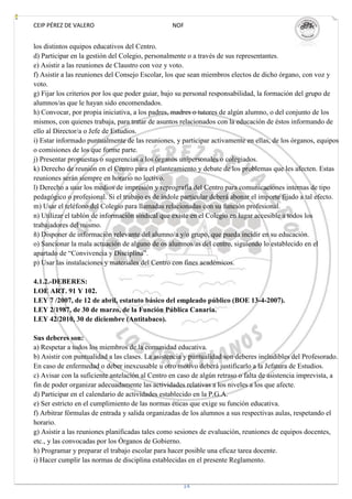 CEIP PÉREZ DE VALERO                             NOF


los distintos equipos educativos del Centro.
d) Participar en la gestión del Colegio, personalmente o a través de sus representantes.
e) Asistir a las reuniones de Claustro con voz y voto.
f) Asistir a las reuniones del Consejo Escolar, los que sean miembros electos de dicho órgano, con voz y
voto.
g) Fijar los criterios por los que poder guiar, bajo su personal responsabilidad, la formación del grupo de
alumnos/as que le hayan sido encomendados.
h) Convocar, por propia iniciativa, a los padres, madres o tutores de algún alumno, o del conjunto de los
mismos, con quienes trabaja, para tratar de asuntos relacionados con la educación de éstos informando de
ello al Director/a o Jefe de Estudios.
i) Estar informado puntualmente de las reuniones, y participar activamente en ellas, de los órganos, equipos
o comisiones de los que forme parte.
j) Presentar propuestas o sugerencias a los órganos unipersonales o colegiados.
k) Derecho de reunión en el Centro para el planteamiento y debate de los problemas que les afecten. Estas
reuniones serán siempre en horario no lectivo.
l) Derecho a usar los medios de impresión y reprografía del Centro para comunicaciones internas de tipo
pedagógico o profesional. Si el trabajo es de índole particular deberá abonar el importe fijado a tal efecto.
m) Usar el teléfono del Colegio para llamadas relacionadas con su función profesional.
n) Utilizar el tablón de información sindical que existe en el Colegio en lugar accesible a todos los
trabajadores del mismo.
ñ) Disponer de información relevante del alumno/a y/o grupo, que pueda incidir en su educación.
o) Sancionar la mala actuación de alguno de os alumnos/as del centro, siguiendo lo establecido en el
apartado de “Convivencia y Disciplina”.
p) Usar las instalaciones y materiales del Centro con fines académicos.

4.1.2.-DEBERES:
LOE ART. 91 Y 102.
LEY 7 /2007, de 12 de abril, estatuto básico del empleado público (BOE 13-4-2007).
LEY 2/1987, de 30 de marzo, de la Función Pública Canaria.
LEY 42/2010, 30 de diciembre (Antitabaco).

Sus deberes son:
a) Respetar a todos los miembros de la comunidad educativa.
b) Asistir con puntualidad a las clases. La asistencia y puntualidad son deberes ineludibles del Profesorado.
En caso de enfermedad o deber inexcusable u otro motivo deberá justificarlo a la Jefatura de Estudios.
c) Avisar con la suficiente antelación al Centro en caso de algún retraso o falta de asistencia imprevista, a
fin de poder organizar adecuadamente las actividades relativas a los niveles a los que afecte.
d) Participar en el calendario de actividades establecido en la P.G.A.
e) Ser estricto en el cumplimiento de las normas éticas que exige su función educativa.
f) Arbitrar fórmulas de entrada y salida organizadas de los alumnos a sus respectivas aulas, respetando el
horario.
g) Asistir a las reuniones planificadas tales como sesiones de evaluación, reuniones de equipos docentes,
etc., y las convocadas por los Órganos de Gobierno.
h) Programar y preparar el trabajo escolar para hacer posible una eficaz tarea docente.
i) Hacer cumplir las normas de disciplina establecidas en el presente Reglamento.


                                                     14
 