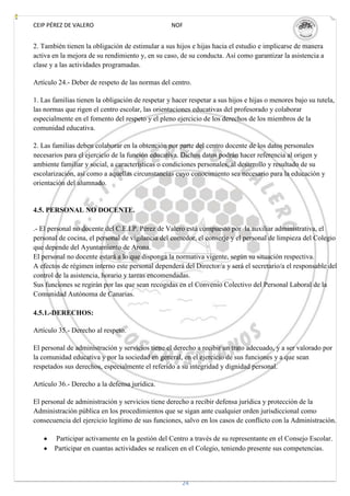 CEIP PÉREZ DE VALERO                              NOF


2. También tienen la obligación de estimular a sus hijos e hijas hacia el estudio e implicarse de manera
activa en la mejora de su rendimiento y, en su caso, de su conducta. Así como garantizar la asistencia a
clase y a las actividades programadas.

Artículo 24.- Deber de respeto de las normas del centro.

1. Las familias tienen la obligación de respetar y hacer respetar a sus hijos e hijas o menores bajo su tutela,
las normas que rigen el centro escolar, las orientaciones educativas del profesorado y colaborar
especialmente en el fomento del respeto y el pleno ejercicio de los derechos de los miembros de la
comunidad educativa.

2. Las familias deben colaborar en la obtención por parte del centro docente de los datos personales
necesarios para el ejercicio de la función educativa. Dichos datos podrán hacer referencia al origen y
ambiente familiar y social, a características o condiciones personales, al desarrollo y resultado de su
escolarización, así como a aquellas circunstancias cuyo conocimiento sea necesario para la educación y
orientación del alumnado.


4.5. PERSONAL NO DOCENTE.

.- El personal no docente del C.E.I.P. Pérez de Valero está compuesto por la auxiliar administrativa, el
personal de cocina, el personal de vigilancia del comedor, el conserje y el personal de limpieza del Colegio
que depende del Ayuntamiento de Arona.
El personal no docente estará a lo que disponga la normativa vigente, según su situación respectiva.
A efectos de régimen interno este personal dependerá del Director/a y será el secretario/a el responsable del
control de la asistencia, horario y tareas encomendadas.
Sus funciones se regirán por las que sean recogidas en el Convenio Colectivo del Personal Laboral de la
Comunidad Autónoma de Canarias.

4.5.1.-DERECHOS:

Artículo 35.- Derecho al respeto.

El personal de administración y servicios tiene el derecho a recibir un trato adecuado, y a ser valorado por
la comunidad educativa y por la sociedad en general, en el ejercicio de sus funciones y a que sean
respetados sus derechos, especialmente el referido a su integridad y dignidad personal.

Artículo 36.- Derecho a la defensa jurídica.

El personal de administración y servicios tiene derecho a recibir defensa jurídica y protección de la
Administración pública en los procedimientos que se sigan ante cualquier orden jurisdiccional como
consecuencia del ejercicio legítimo de sus funciones, salvo en los casos de conflicto con la Administración.

       Participar activamente en la gestión del Centro a través de su representante en el Consejo Escolar.
       Participar en cuantas actividades se realicen en el Colegio, teniendo presente sus competencias.



                                                      24
 