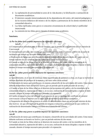 CEIP PÉREZ DE VALERO                              NOF


   d. La suplantación de personalidad en actos de la vida docente y la falsificación o sustracción de
      documentos académicos.
   e. El deterioro causado intencionadamente de las dependencias del centro, del material pedagógico y
      de los recursos didácticos del mismo o de los objetos y pertenencias de los demás miembros de la
      comunidad educativa.
   f. Las faltas tipificadas como graves si concurren circunstancias de colectividad y/o publicidad
      intencionada.
   g. La comisión de tres faltas graves durante el mismo curso académico.

Sanciones.

A) Por las faltas leves podrán imponerse las siguientes sanciones:
        Art.47.
a) Comparecencia inmediata ante el Jefe de Estudios, que lo pondrá en conocimiento de la Comisión de
Convivencia.
b) Amonestación privada o por escrito que se comunicará a los padres o tutores a través de un parte de
incidencia que deberá ser devuelto firmado por estos.
c) Realización de tareas que contribuyan a la mejora y desarrollo de las actividades del centro por un
tiempo máximo de dos semanas, que se realizarán fuera del horario lectivo.
d) Cuando se trate de las faltas relativas al deterioro de recursos del centro o de los miembros de la
comunidad educativa, reparación del daño o, en su caso, realización de tareas dirigidas a reparar el daño,
durante el tiempo necesario para proceder a la reparación.

B) Por las faltas graves podrán imponerse las siguientes sanciones:
Art.48
a) Apercibimiento, en el caso de continuas faltas injustificadas de asistencia a clase, en el que se incluirá un
informe detallado del profesor de la materia y del tutor sobre dicha actitud.
b) Realización de tareas que contribuyan a la mejora y desarrollo de las actividades del centro. Estas tareas
deberán desarrollarse fuera del horario lectivo, por un periodo que no podrá exceder de un mes.
c) Cuando se trate de las faltas relativas al deterioro de los recursos del centro o de los miembros de la
comunidad educativa, reparación del daño o, en su caso, realización de tareas dirigidas a reparar el daño
causado, durante el tiempo necesario para proceder a la reparación.
d) Cambio de grupo o clase del alumno, en el supuesto de que se imponga por conflictos de carácter
convivencial a un nivel inferior con la supervisión de su tutor/a en el trabajo académico.
e) Suspensión del derecho de asistencia al centro o a determinadas clases por un periodo máximo de dos
días lectivos sin que ello implique la pérdida de ninguna evaluación y sin perjuicio de que conlleve la
realización de determinados trabajos escolares en el domicilio del alumno.

C) Por las faltas muy graves se podrán imponer las siguientes sanciones:
Art.49
a) Realización de tareas que contribuyan a la mejora y desarrollo de las actividades del centro. Estas tareas
deberán realizarse en horario no lectivo y por un periodo máximo de dos meses.
b) Cuando se trate de las faltas relativas al deterioro de recursos del centro o de los miembros de la
comunidad educativa, reparación del daño o, en su caso, realización de tareas dirigidas a reparar el daño
causado, durante el tiempo necesario para proceder a la reparación.


                                                      31
 