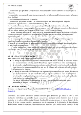 CEIP PÉREZ DE VALERO                             NOF


- Las cantidades que apruebe el Consejo Escolar procedente de los fondos que recibe de la Consejería de
Educación.
- Las cantidades procedentes de los presupuestos generales de la Comunidad Autónoma que se reciban con
dicha finalidad.
- Las aportaciones realizadas por los usuarios.
- Las cantidades que puedan recibirse a tal efecto de cualquier ente público o privado, empresas,
asociaciones, organizaciones, Asociación de Alumnos y A.P.As.
24.- Todos los alumnos y alumnas tienen el derecho y el deber de participar en las actividades
complementarias que se programen para ellos, salvo que se excluya la asistencia por motivos disciplinarios
o de otra índole, según lo previsto en el NOF del Centro y en la legislación vigente.
25.-Todo el alumnado tiene derecho a participar en las actividades extraescolares, salvo que se excluya la
asistencia por motivos disciplinarios o de otra índole, según lo previsto en el NOF del Centro y en la
legislación vigente.
26.- El coste de aquellas actividades extraescolares que no puedan ser sufragadas totalmente por los
organizadores de las mismas, correrá a cargo de los usuarios.
El hecho de no efectuar el pago de la forma que se determine supondrá la pérdida del derecho a participar
en la actividad correspondiente.
27.- El Equipo Directivo del Centro arbitrará las medidas necesarias para que el contenido de este Plan sea
conocido por todos los miembros de la Comunidad Educativa.


8.2. DE LOS ACTOS ACADEMICOS:
Serán considerados actos académicos de este centro:
       La entrega de orlas de educación infantil que será organizada por las maestras de educación infantil
       de 5 años colaborando con ellas el resto del ciclo y el Equipo Directivo así como la encargada de
       las actividades complementarias y extraescolares. A esta celebración serán invitados los padres de
       loa/as alumnos/as que pasan de ciclo. Este acto será de obligatoria la asistencia del profesorado del
       ciclo así como los alumnos.
       La entrega de orlas de 6º de Primaria que será organizada por los tutores/as y el equipo educativo de
       este nivel colaborando con ellas el resto del ciclo y el Equipo Directivo así como la encargada de
       las actividades complementarias y extraescolares. A esta celebración serán invitados los padres de
       loa/as alumnos/as que pasan de ciclo.
       Este acto se celebrará con la fiesta de final de curso y será obligatoria la asistencia para el
       profesorado de primaria y el alumnado.

8.3. LIBROS DE TEXTOS:
Conforme a lo dispuesto en el Decreto Territorial 265/1997 de noviembre ( BOC. Nº 156 de 3 de
diciembre)

Artículo 6.- Los centros educativos tendrán autonomía para determinar qué libros de texto u otros
materiales curriculares se acomodan mejor a su proyecto curricular como elementos más de apoyo
didáctico en el aula. A tal fin, será el Consejo Escolar el órgano que apruebe el uso en el centro de los
libros de texto u otros materiales curriculares, previa propuesta de la Comisión de Coordinación
Pedagógica u órgano de coordinación equivalente que, a su vez, habrá hecho suya la propuesta de los



                                                    49
 