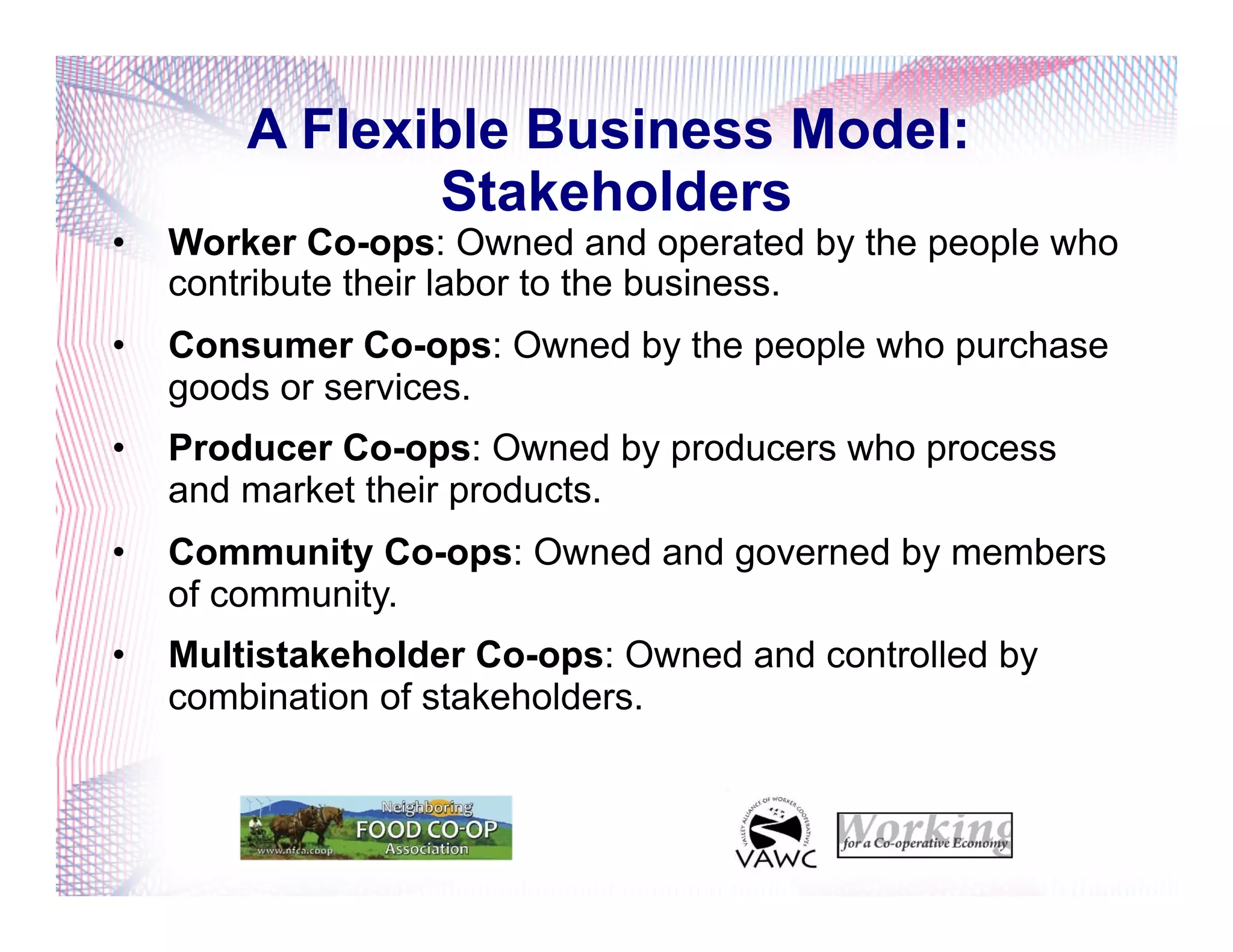 A Flexible Business Model:
Stakeholders
•  Worker Co-ops: Owned and operated by the people who
contribute their labor to the business.
•  Consumer Co-ops: Owned by the people who purchase
goods or services.
•  Producer Co-ops: Owned by producers who process
and market their products.
•  Community Co-ops: Owned and governed by members
of community.
•  Multistakeholder Co-ops: Owned and controlled by
combination of stakeholders.
 