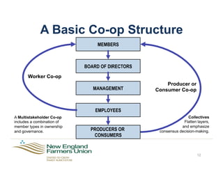 A Basic Co-op Structure
12
MEMBERS
BOARD OF DIRECTORS
EMPLOYEES
Elect
Hire
Hire
MANAGEMENT
Worker Co-op
PRODUCERS OR
CONSUMERS
Producer or
Consumer Co-op
Product or Service
A Multistakeholder Co-op
includes a combination of
member types in ownership
and governance.
Collectives
Flatten layers,
and emphasize
consensus decision-making.
 