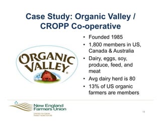 Case Study: Organic Valley /
CROPP Co-operative
18
•  Founded 1985
•  1,800 members in US,
Canada & Australia
•  Dairy, eggs, soy,
produce, feed, and
meat
•  Avg dairy herd is 80
•  13% of US organic
farmers are members
 