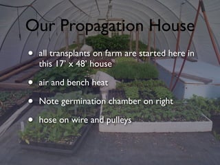 Our Propagation House
• all transplants on farm are started here in
this 17’ x 48’ house
• air and bench heat
• Note germination chamber on right
• hose on wire and pulleys
 